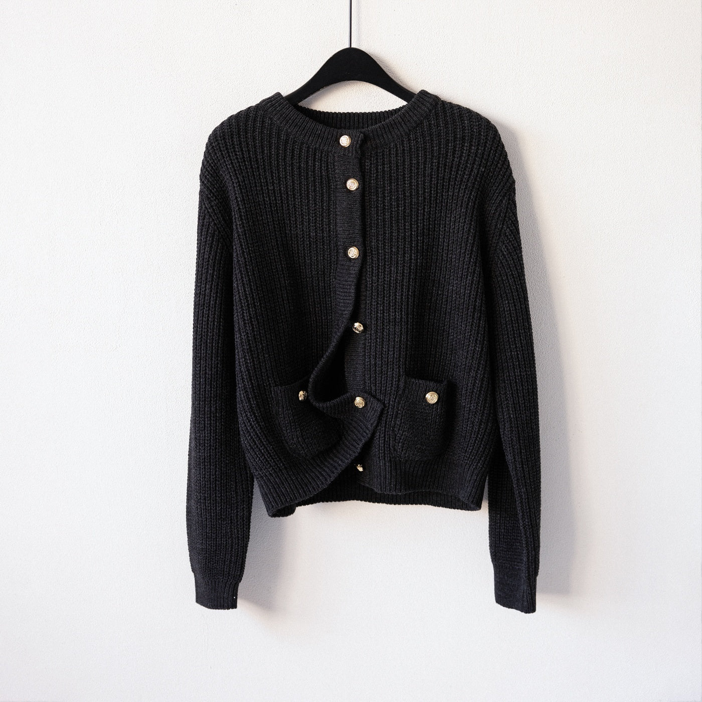 Gold-Button Ribbed Knit Cardigan
