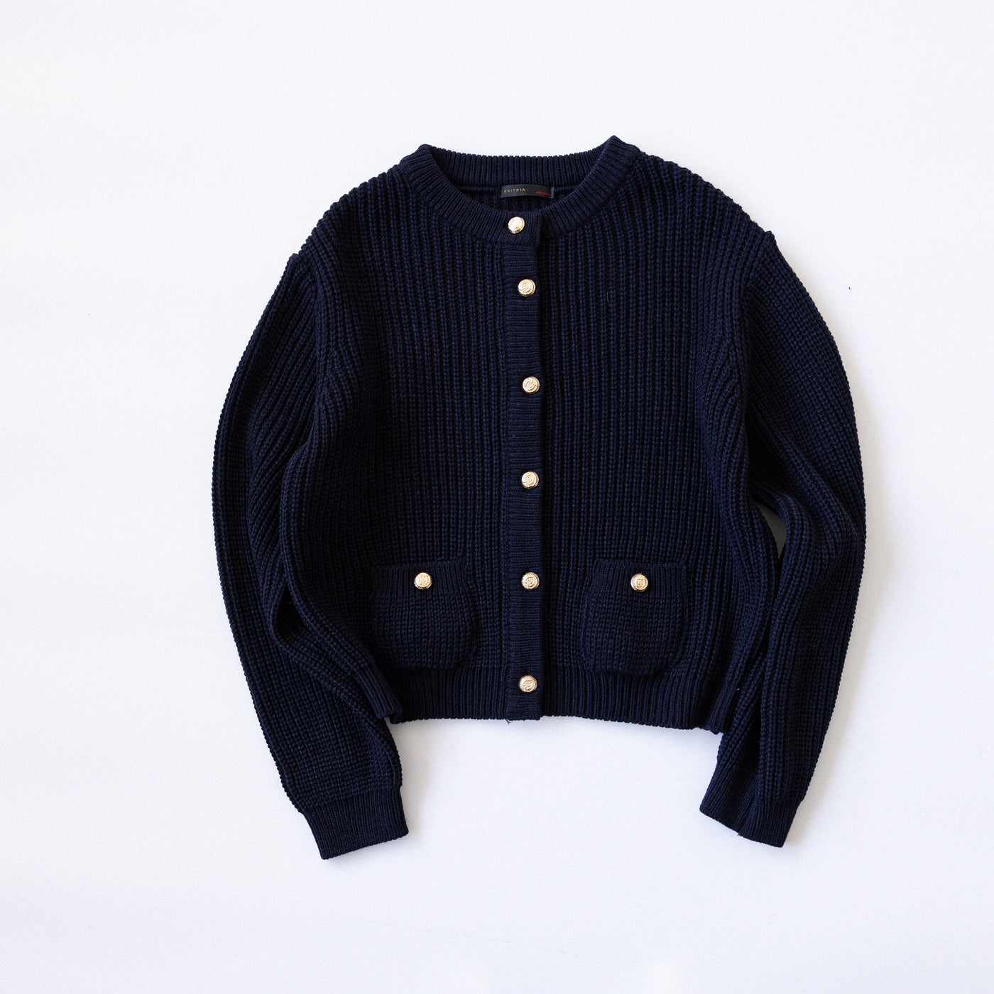 Gold-Button Ribbed Knit Cardigan