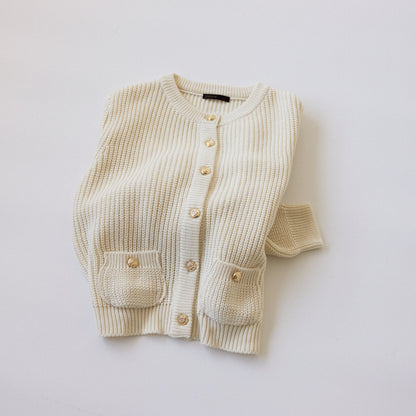 Gold-Button Ribbed Knit Cardigan