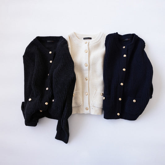 Gold-Button Ribbed Knit Cardigan