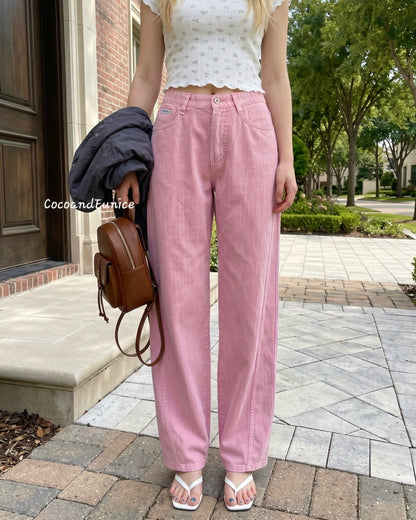 🌿Barrel Cut Cotton Pants – Linen-Texture, Elastic Waist, Korean Style