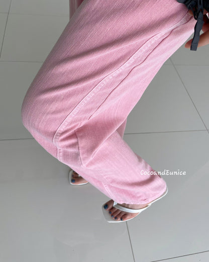 🌿Barrel Cut Cotton Pants – Linen-Texture, Elastic Waist, Korean Style