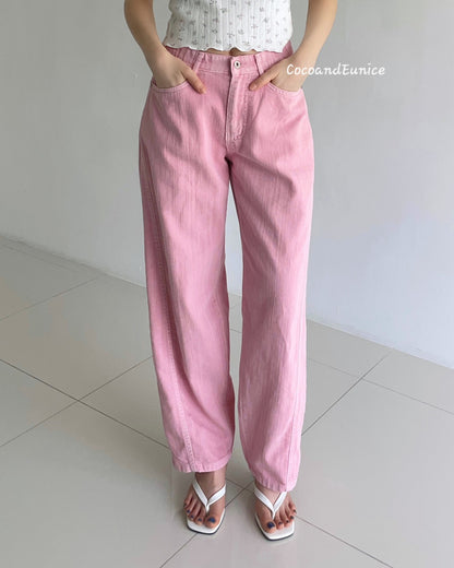 🌿Barrel Cut Cotton Pants – Linen-Texture, Elastic Waist, Korean Style