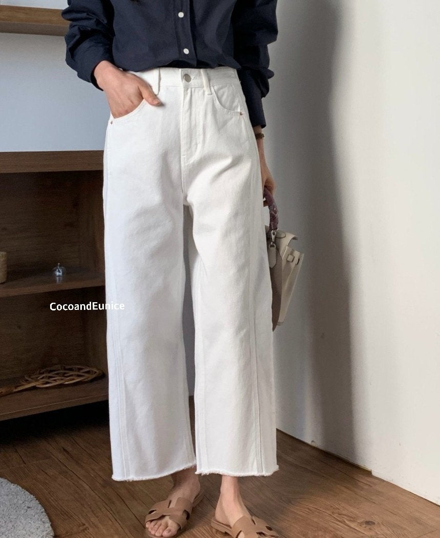🌿 Back-Elastic Ivory Double-Seam Cut Pants (Brand-Made)