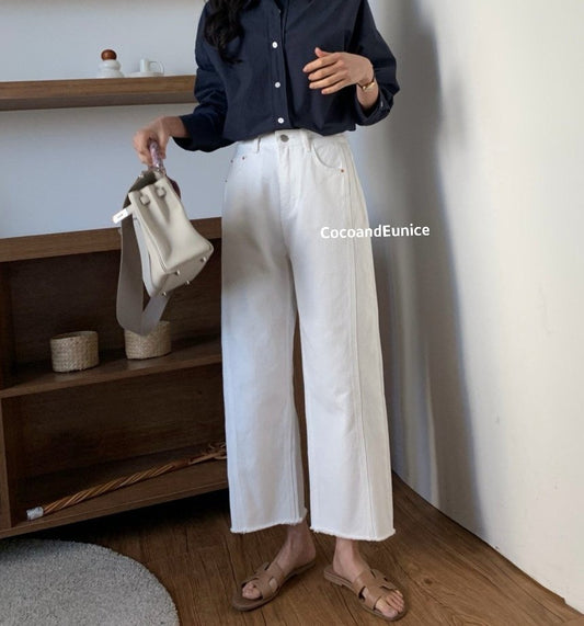 🌿 Back-Elastic Ivory Double-Seam Cut Pants (Brand-Made)