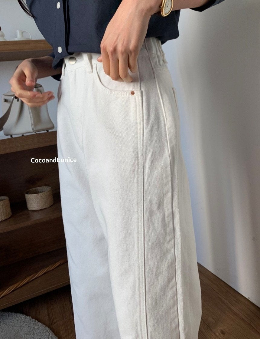 🌿 Back-Elastic Ivory Double-Seam Cut Pants (Brand-Made)