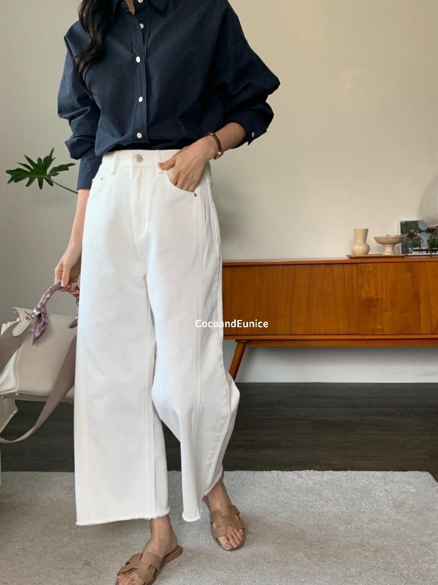 🌿 Back-Elastic Ivory Double-Seam Cut Pants (Brand-Made)