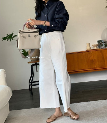 🌿 Back-Elastic Ivory Double-Seam Cut Pants (Brand-Made)