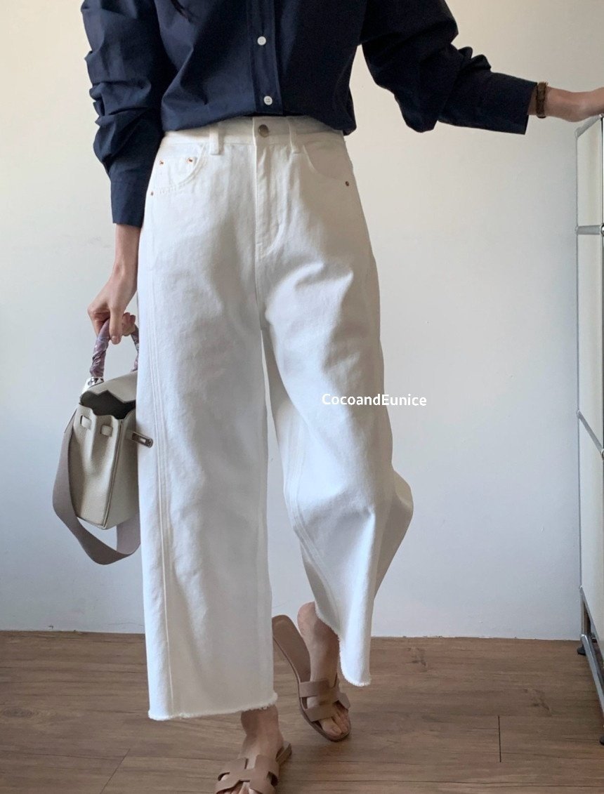 🌿 Back-Elastic Ivory Double-Seam Cut Pants (Brand-Made)