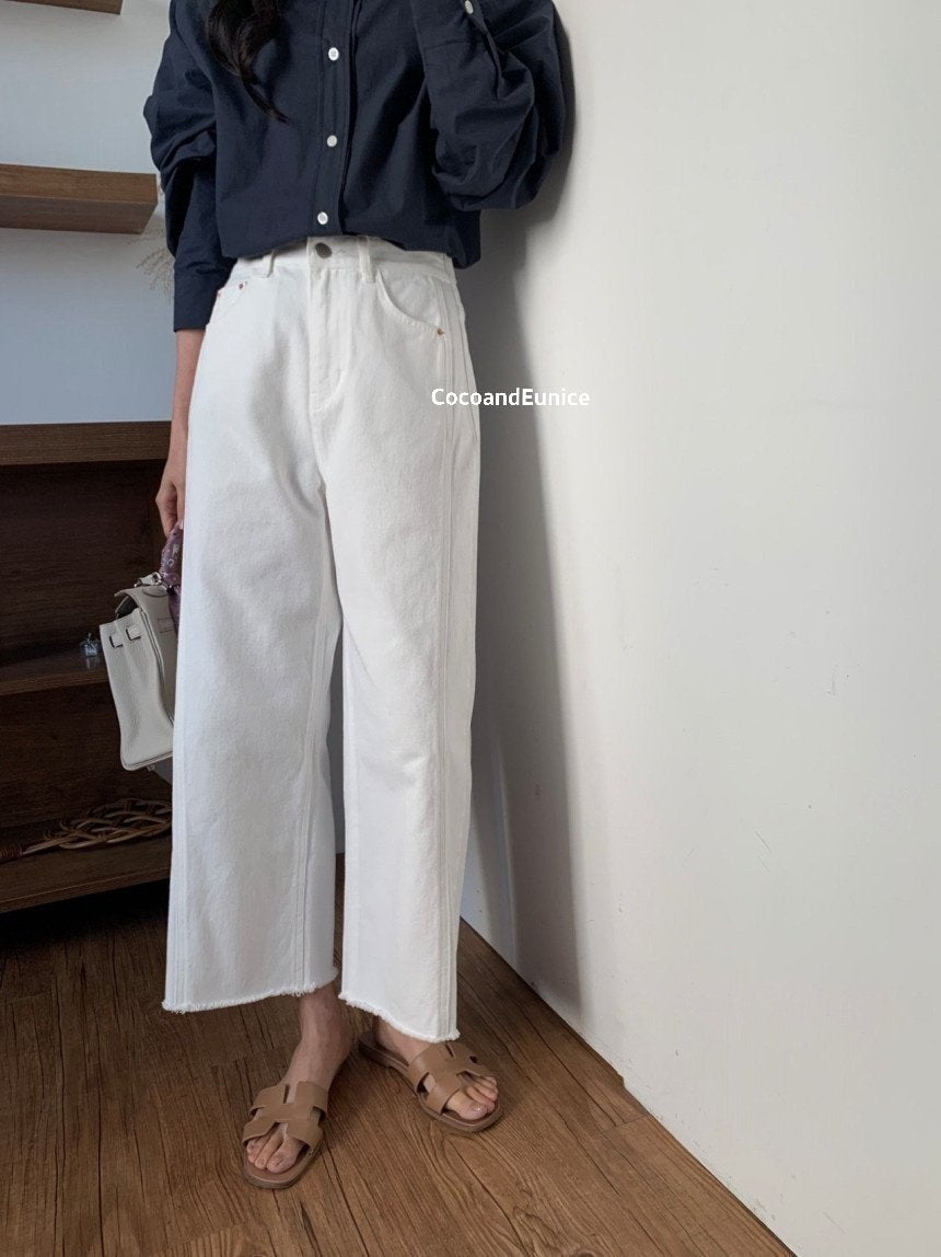 🌿 Back-Elastic Ivory Double-Seam Cut Pants (Brand-Made)