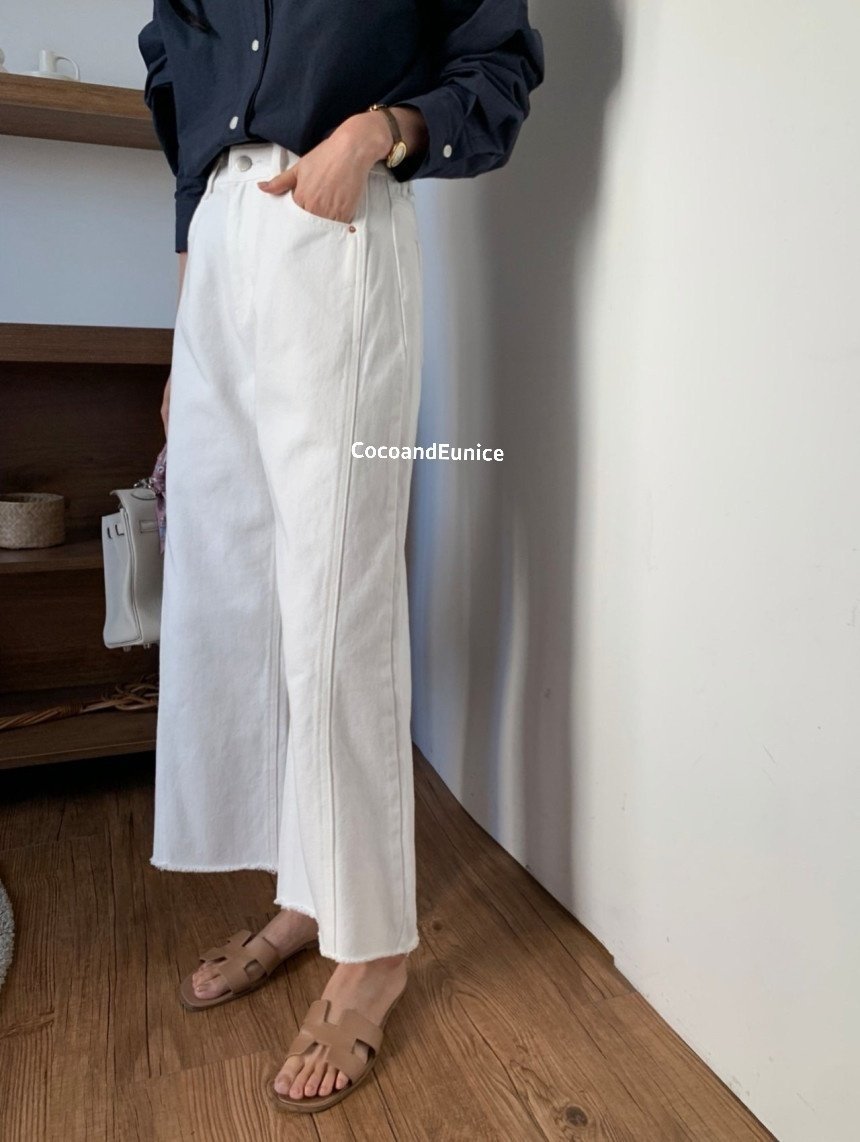 🌿 Back-Elastic Ivory Double-Seam Cut Pants (Brand-Made)