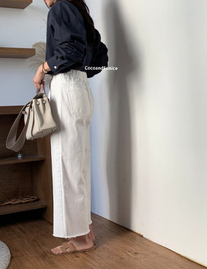 🌿 Back-Elastic Ivory Double-Seam Cut Pants (Brand-Made)