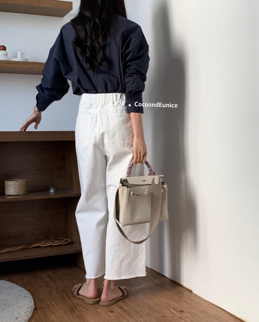 🌿 Back-Elastic Ivory Double-Seam Cut Pants (Brand-Made)