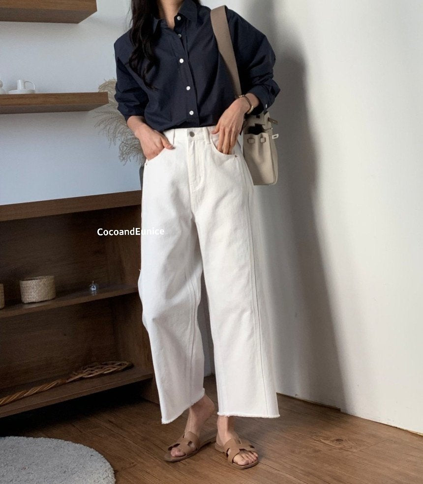 🌿 Back-Elastic Ivory Double-Seam Cut Pants (Brand-Made)