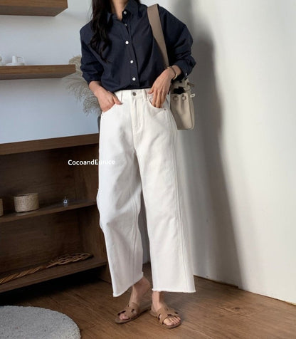 🌿 Back-Elastic Ivory Double-Seam Cut Pants (Brand-Made)