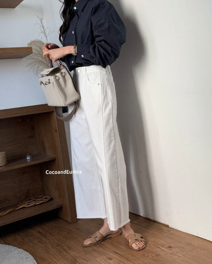 🌿 Back-Elastic Ivory Double-Seam Cut Pants (Brand-Made)