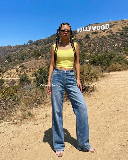 No.3089 Wide Straight Leg Jeans | Korean Denim Pants | Hidden Waistband Jeans | Light Wash Denim | High Rise Wide Leg Jeans | Casual Jeans