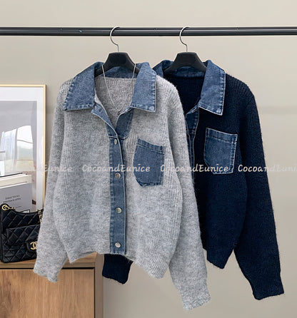 🌿Denim Collar Pocket Cardigan