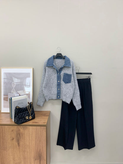 🌿Denim Collar Pocket Cardigan