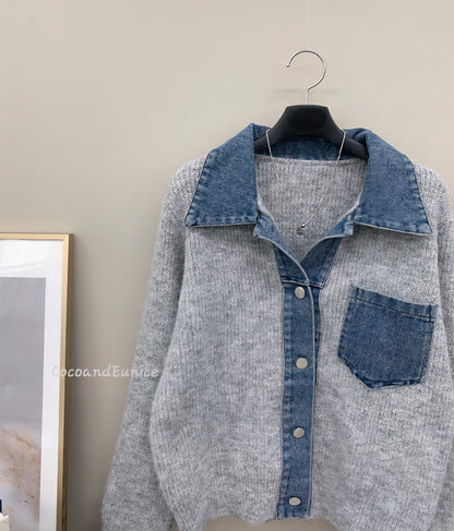 🌿Denim Collar Pocket Cardigan