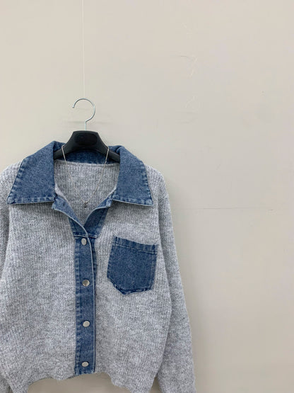 🌿Denim Collar Pocket Cardigan