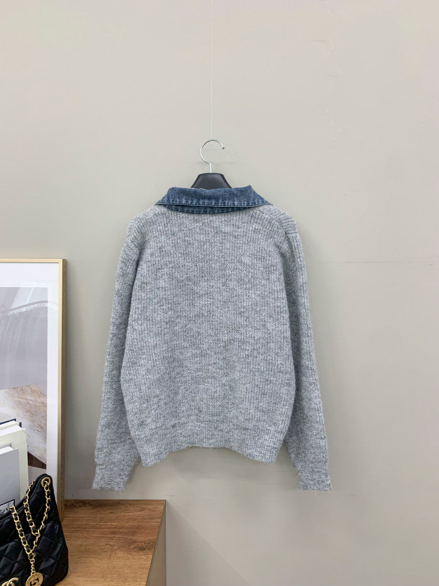 🌿Denim Collar Pocket Cardigan