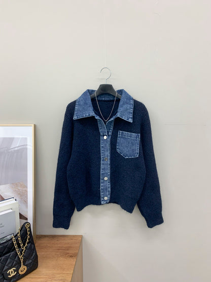 🌿Denim Collar Pocket Cardigan