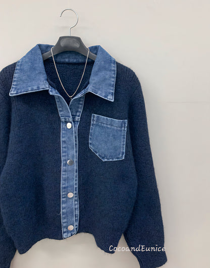 🌿Denim Collar Pocket Cardigan