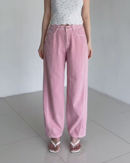 🌿Barrel Cut Cotton Pants – Linen-Texture, Elastic Waist, Korean Style